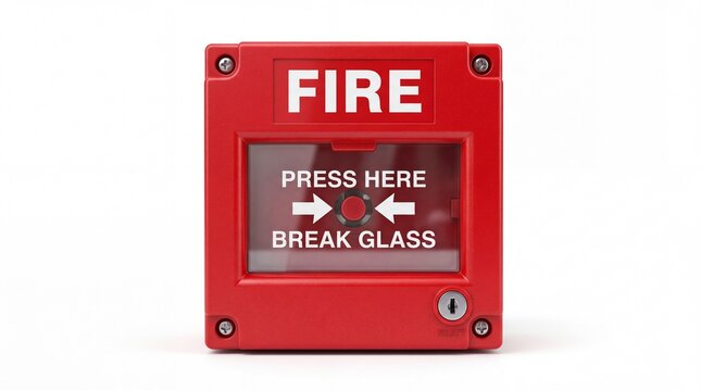 Red emergency fire alarm box with glass panel and warning label shown on white background