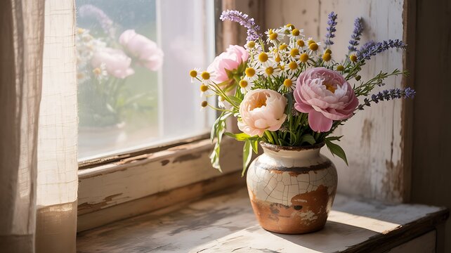 Flowers in vase by rustic window