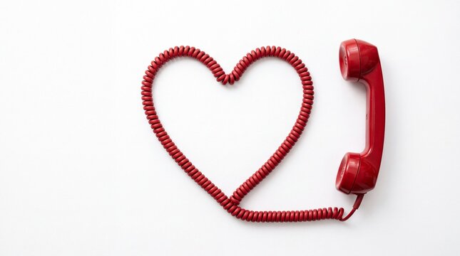 Retro red telephone handset with curly cord forming a romantic heart shape on white background