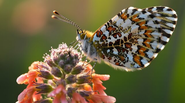 Butterfly on flower with morning dew in sunlight