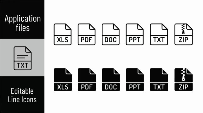 Set of black and white application file format icons including xls, pdf, doc, ppt, txt, and zip extensions for digital document management