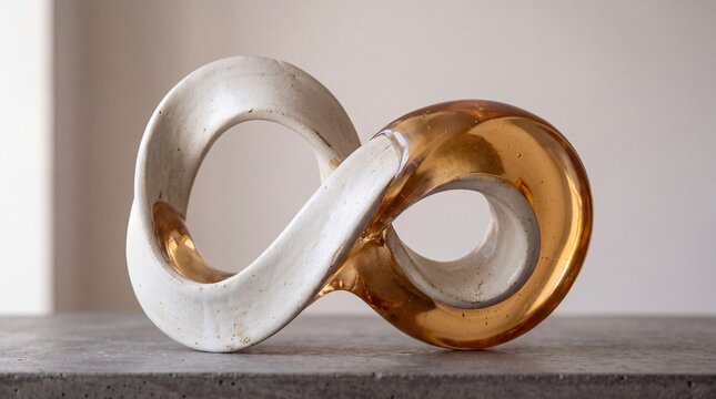 Sculptural Infinity Loop Mobius Ribbon Artwork in Golden and White Metal