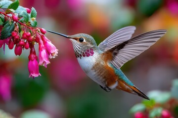 Fototapeta premium Hummingbird hovers near pink flowers
