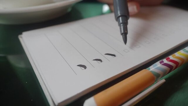 Close-up shot of a hand drawing checkmarks on a checklist paper with a black marker, showing progress on tasks or goals