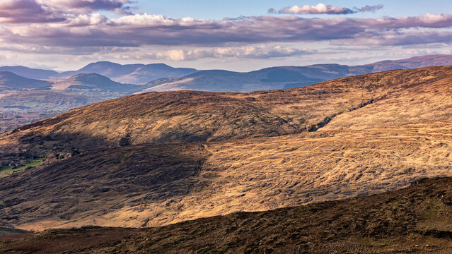 A panoramic view captures rolling hills with dry, brown vegetation under a cloudy sky. Shadows stretch across the undulating terrain, highlighting the distinct contours of the landscape.