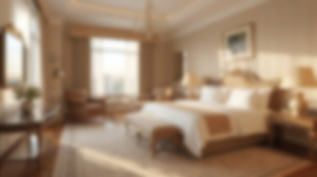 Blurred Luxury Hotel Bedroom Interior with Warm Sunlight and Elegant Decor.
