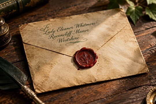 Weathered parchment envelope sealed with red wax on aged wood.