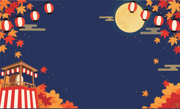 満月と紅葉、提灯、やぐらを描いた夜の秋祭り背景イラスト　ベクター