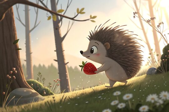 Cute hedgehog holding a red apple in a forest