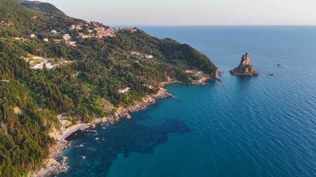 Drone flying over Paralia Fieroulas beach in Corfu, Greece