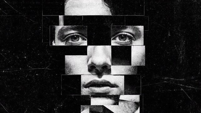 A fragmented monochrome portrait of a face, systematically divided into offset rectangular blocks with sharp geometric angles and deep black negative space, revealing psychological tension.