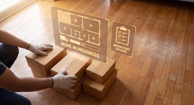 hands arrange moving boxes beneath glowing relocation tracking interface to confirm move progress, verify inventory checklist, track floor plan completion, and manage residential moving logistics