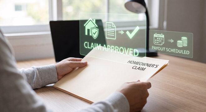 hands hold glowing home insurance claim interface above folder to confirm approval status, verify payout schedule, track document checklist, and manage property insurance processing