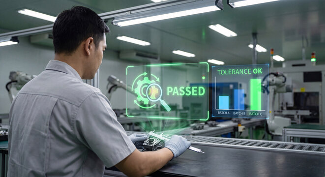 quality inspector examines glowing component testing interface on workbench to confirm tolerance pass status, verify defect-free inspection, track batch comparison chart, and manage manufacturing