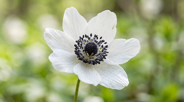 Closeup of a delicate white anemone flower with a dark center.