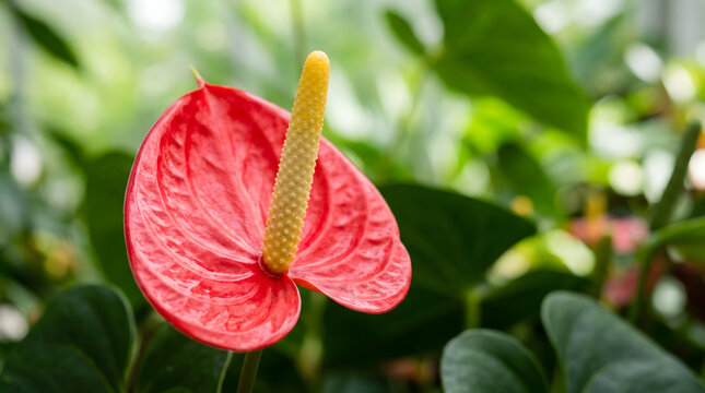 Vibrant Red Anthurium Flower with Yellow Spadix in CloseUp.