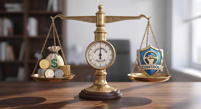 Balance scale symbolizes regulatory compliance, internal controls, risk assessment, and investigation fairness.