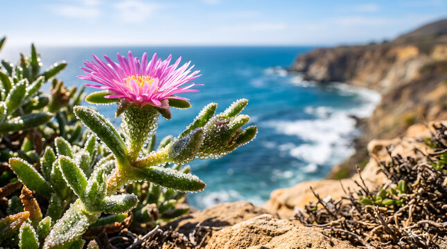 Close up of a vibrant pink succulent flower blooming on a coastal cliff.