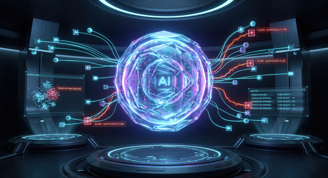 AI sphere powers fraud analytics, anomaly detection, entity resolution, and real-time monitoring.