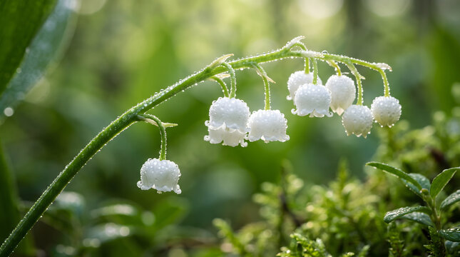 Beautiful white Lily of the Valley flowers blooming in the wild forest.