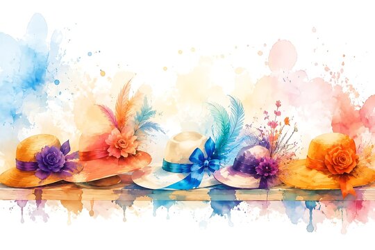 Row of Sunday hats on shelf, watercolor illustration
