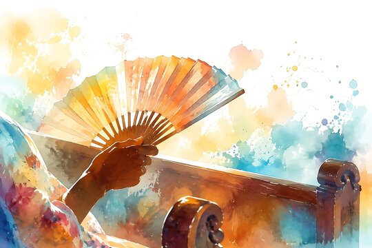 Hand fan in church pew, watercolor illustration
