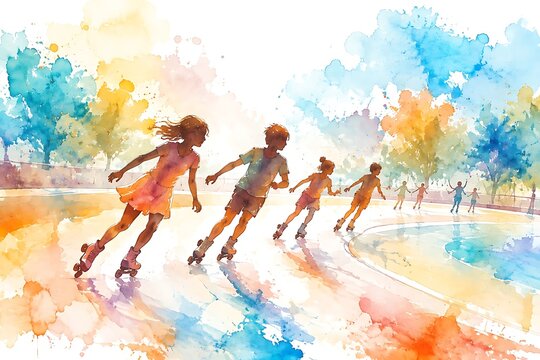 Roller skating at outdoor rink, watercolor illustration