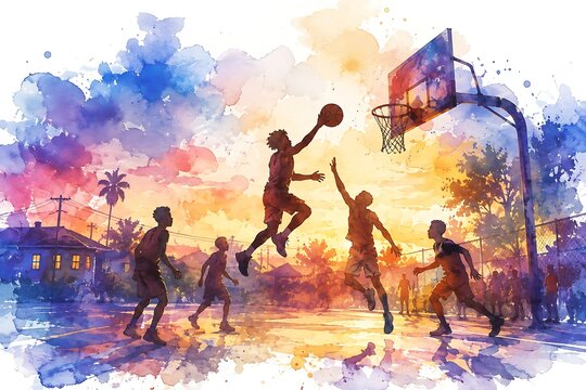 Basketball game on neighborhood court, watercolor illustration