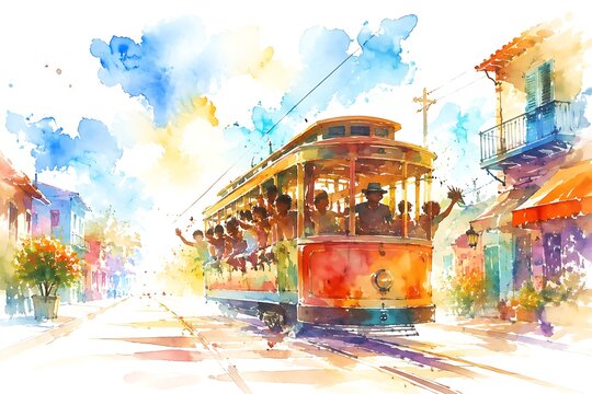 Vintage streetcar with festive riders, watercolor illustration
