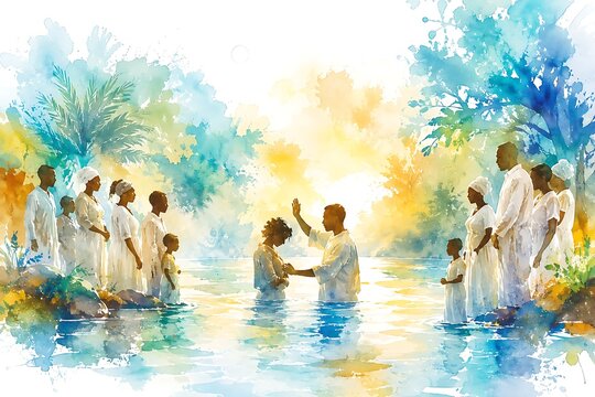 River baptism at morning, watercolor illustration
