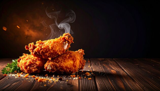 Crispy fried chicken wings steaming hot on a wooden table with dark background