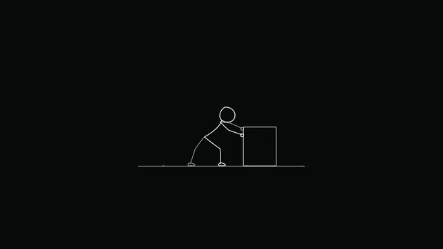 Stick figure character exerting force on heavy cube
