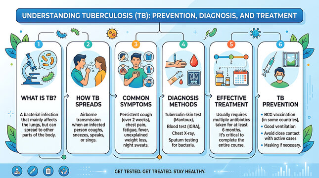 Understanding Tuberculosis (TB): Prevention, Diagnosis, and Treatment Infographic. Medical health awareness, symptoms, and cure information.