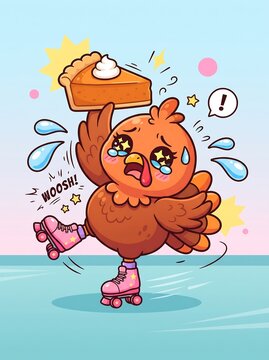 A cute cartoon turkey on roller skates holding a pumpkin pie slice representing a fun hallowenn and thanks giving day mix