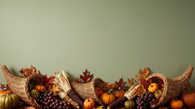 A festive hallowenn and thanks giving day mix featuring decorative pumpkins and autumn harvest fruits against a soft green background