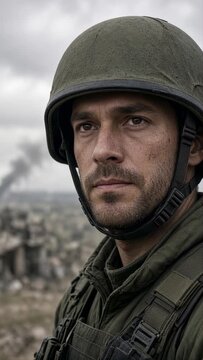 Portrait of a Soldier in Military Uniform and Cap in War