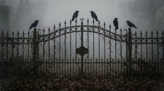 Black crows perched on gothic iron gate in fog.