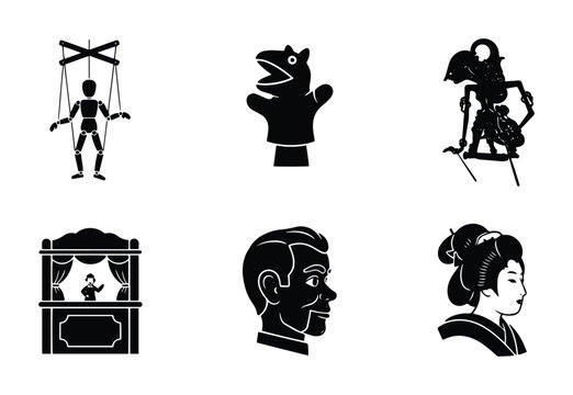 Puppet Show Icons: Marionette, Glove, Shadow, Stage, Ventriloquist Dummy, Geisha