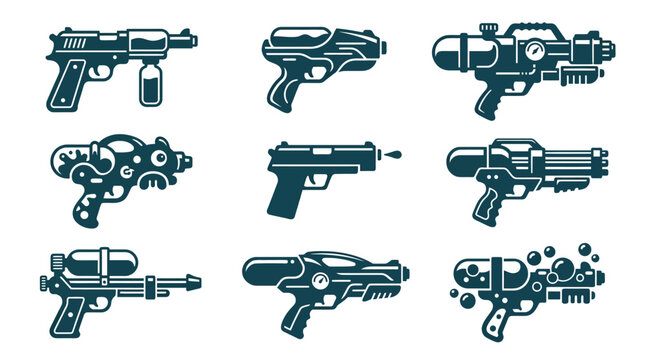 Set of toy water gun and futuristic blaster icons.