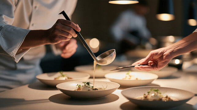 Hungarian private chef finishing a consomme service with a ladle into individual warmed bowls, each one garnished with a precise quenelle and micro herbs placed with tweezers