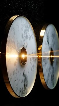 Glowing Marble Discs Rotating Slowly on Gold Frames, Creating a Mesmerizing Looping Animation. Elegant Abstract Design for Modern Backgrounds.