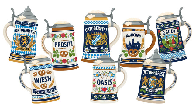 A collection of illustrated traditional beer steins with decorative patterns with set seven decorative beer mugs with festive text designs plain white background