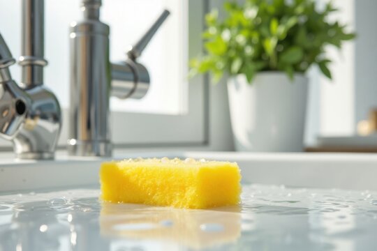Schwam unter flie&szlig;endem Wasser neben einem modernen K&uuml;chenhahn