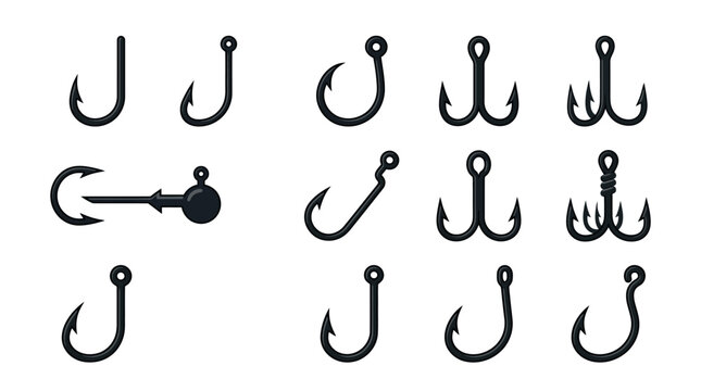 Variety of fishing hook styles and sizes for angling gear.