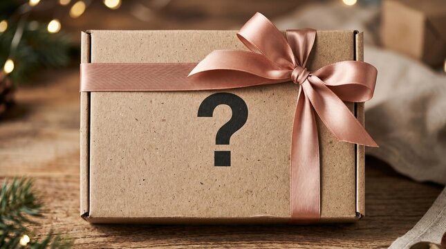 Small cardboard box wrapped with a pink ribbon and bow featuring a question mark surprise cardboard question