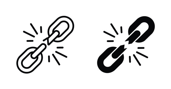 Weaknesses Icon Set Featuring Broken Chain Links with Jagged Edges Representing Failure, Vulnerability, Damage and Business Risk