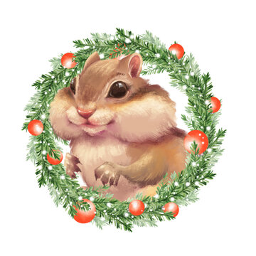 Hand-drawn illustration of a cute chipmunk in a Christmas pine wreath
