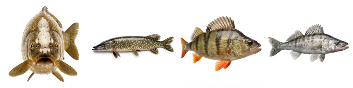 Freshwater fish set including carp, pike, perch, and zander isolated on a clean white background, captured with studio lighting for fishing guides, angling blogs, and menus