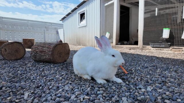 White rabbit eats carrot on gravel ground. Soft sunlight highlights its calm posture.