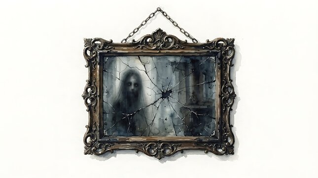 Spooky haunted vintage mirror in dark frame with glowing ghost silhouette, creepy halloween horror prop isolated on white background